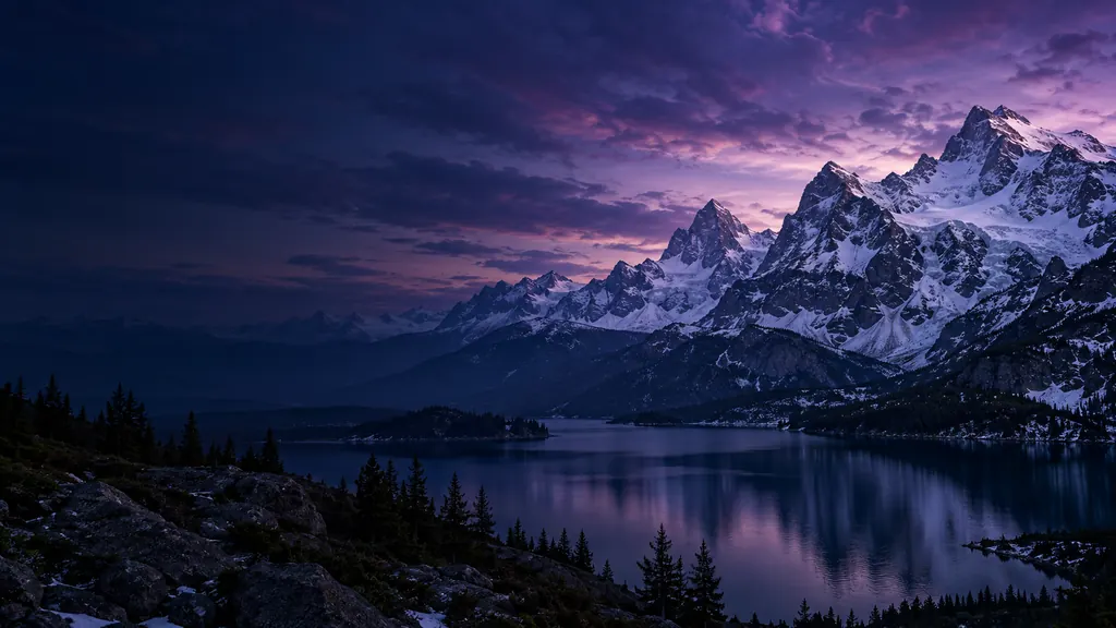 Montañas nevadas reflejadas en un lago al anochecer (imagen generada con AI)