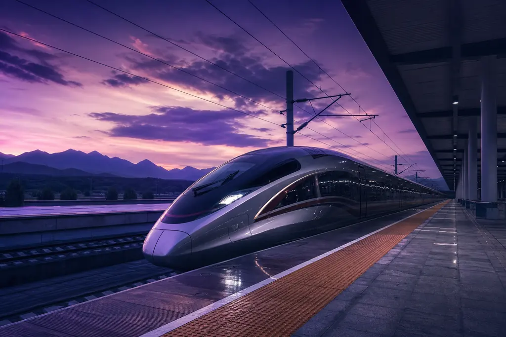 Tren de alta velocidad en un andén de una estación china al anochecer (imagen generada con AI)