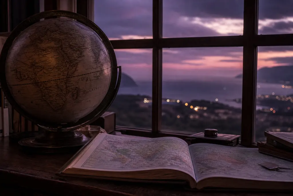 Globo terráqueo antiguo y atlas abierto sobre un escritorio al atardecer (imagen generada con AI)