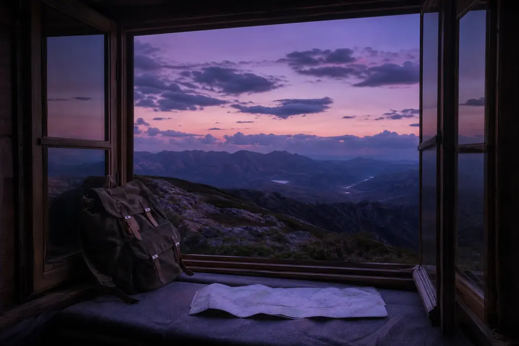 Ventana con mochila y mapa de papel frente a montañas al atardecer (imagen generada con AI)